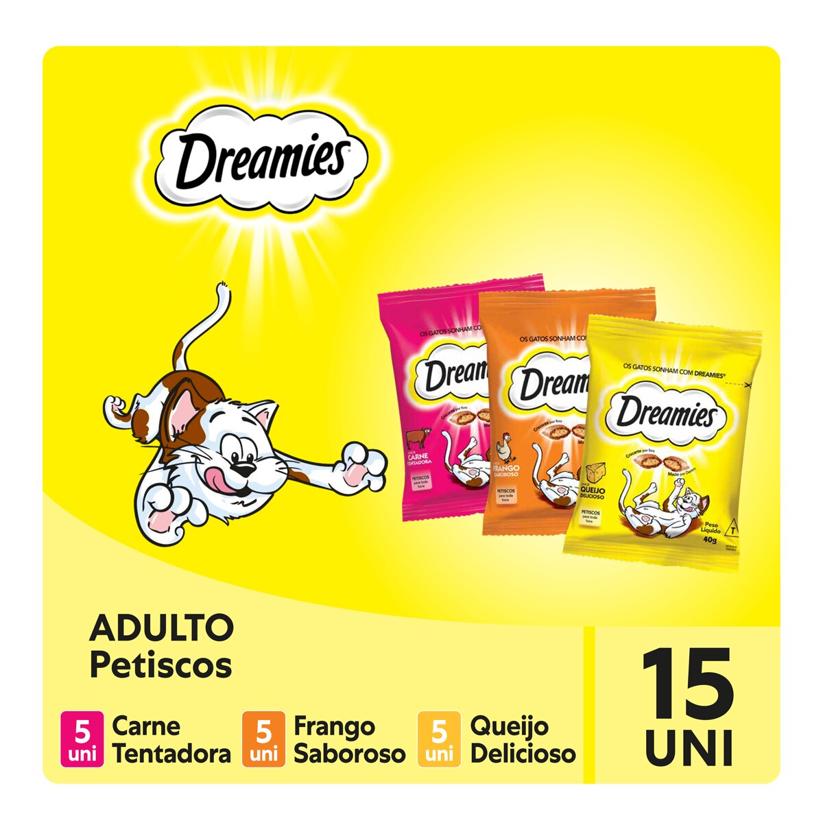 Dreamies snack kit para gatos adultos sabor carne 5x40g + sabor de frango 5x40g sabor queijo 5x40g